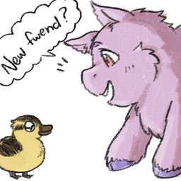 ambiguous_gender beak blush blush_lines brown_beak duo feral fur hooves looking_at_another open_mouth pink_body pink_eyes pink_fur purple_hooves side_view simple_background sparkles sparkling_eyes teeth text white_background yellow_feather young young_ambiguous young_feral yellowcottoncandy030 fluffy_pony avian bird fluffy_pony_(species) mammal 1:1 2025 digital_media_(artwork) english_text
