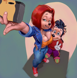 anthro big_breasts breast_squish breasts camera cleavage clothed clothing disposable_camera duo female footwear gesture hair hand_gesture male red_hair selfie shoes sneakers squish v_sign young young_anthro young_male flo disney goof_troop debbie_dune max_goof canid canine canis domestic_dog mammal hi_res cousins_(lore)