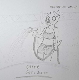 anthro belly belly_inflation big_eyes blush bottomwear clothing crop_top female flustered hair hose implied_inflation inflation mane mane_hair otter_tail shirt shorts solo standing topwear patchwork_weasel neuron_activation mammal mustelid otter hi_res meme sketch