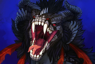 ambiguous_gender black_body black_feathers bodily_fluids feathers feral forked_tongue front_view glistening glistening_eyes grey_body grey_horn grey_scales head_spikes horn looking_at_viewer mouth_shot open_mouth pupils red_body red_eyes red_feathers red_sclera red_tongue saliva saliva_on_tongue saliva_string scales sharp_teeth simple_background slit_pupils solo spikes spikes_(anatomy) teeth tongue tongue_out unsigned acidic mythology dragon feathered_dragon feathered_scalie mythological_creature mythological_scalie scalie bust_portrait hi_res portrait