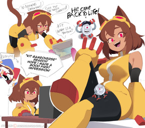 anthro breasts brown_body brown_hair clothing computer dialogue electronics eyewear eyewear_on_head female goggles goggles_on_head group hair hat headgear headwear machine magenta_eyes male open_mouth open_smile sitting smile trio whiskers ryz_ryz gameoverse glitch_productions the_amazing_digital_circus kaboodle_(gameoverse) kit_bodega pomni_(tadc) domestic_cat felid feline felis human mammal robot 2026 absurd_res crossover hi_res