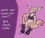 2d_animation animated anthro ariel_(dragon_dares) blush boots bottomless bottomless_female bra clothed clothing collar draconicmentalist english_text eyeshadow female footwear fur furred_kobold furred_scalie kobold makeup scalie short_playtime solo strip_meme tail tail_motion text underwear
