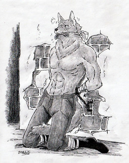 abs anthro arms_tied bdsm bondage boots bottomwear bound brick brick_wall chain chained clothing cuff_(restraint) dungeon footwear fur gag gagged hands_tied inner_ear_fluff male muscular muscular_anthro muscular_male pants pecs restraints scared shirtless shirtless_anthro shirtless_male shoes simple_background snout solo tuft wall_(structure) white_background eternal.knot kemono_michi:_rise_up wolfgang_von_kraftman canid canine canis mammal wolf black_and_white monochrome traditional_media_(artwork)