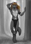 4_toes abs anthro athletic black_nose bottomwear brown_eyes clothed clothing digitigrade feet fingers fur grey_body grey_fur hair jewelry loincloth looking_at_viewer male navel necklace paws smile solo toes tribal yellow_eyes anisis canid canine canis mammal wolf 2018 digital_media_(artwork) hi_res