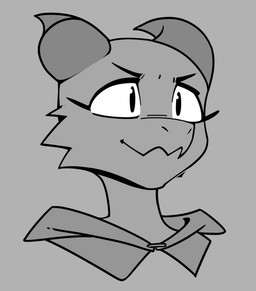 anthro black_eyebrows black_eyes cheek_tuft clothed clothing eyebrows eyelashes facial_tuft female grey_background horn scale_tuft scales simple_background solo topwear tuft slappps bangle_(slappps) kobold scalie monochrome portrait