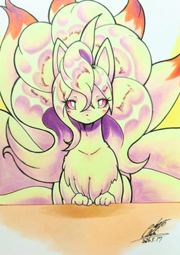 ambiguous_gender blonde_hair blush blush_lines eyelashes feral fur hair looking_at_viewer multi_tail paws pink_eyes pupils solo tail white_pupils yellow_body yellow_fur 025aki nintendo pokemon canid canine generation_1_pokemon mammal ninetales pokemon_(species) 2026 absurd_res dated hi_res signature