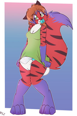 ageplay anthro biped black_nose black_stripes blue_markings breasts closed_smile clothed clothing countershade_torso countershading covering covering_diaper diaper digitigrade dipstick_tail dress female fluffy fluffy_tail gloves_(marking) green_clothing green_dress green_eyes hair infantilism leg_markings looking_at_viewer markings mouth_closed multicolored_body object_in_mouth pacifier pacifier_in_mouth red_body red_hair roleplay short_hair simple_background smile socks_(marking) standing striped_body stripes tail tail_markings wearing_diaper white_body fuf tessa_wilde canid canine canis felid fox hybrid mammal pantherine tiger wolf 2020 2:3 hi_res herm_(lore)