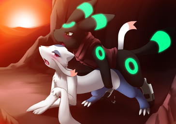 alternate_color bioluminescence black_body black_fur blush bodily_fluids brown_eyes cave cliff clothed clothing cum cum_inside detailed_background duo female female_penetrated feral feral_on_feral from_behind_position fur genital_fluids glowing glowing_markings green_markings interspecies looking_back male male/female male_penetrating male_penetrating_female markings mating_grip open_mouth outside partially_clothed penetration raised_tail red_eyes scenic_view sex side_view sunset tail white_body white_fur darkmirage nintendo pokemon eeveelution generation_2_pokemon generation_5_pokemon mienshao pokemon_(species) umbreon