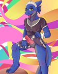 anthro bottomwear clothed clothing clothing_lift erection genitals looking_at_viewer maid_uniform male penis psychedelic shy skirt skirt_lift solo teasing tongue uniform dengus-pengus scalie hi_res