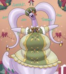 anthro biped clothed clothing eyelashes female headgear headwear looking_at_viewer mistletoe plant pupils smile text thick_thighs cobatsart nintendo pokemon pokemon_unite goober_(cobat) generation_6_pokemon goodra pokemon_(species) 2023 hi_res