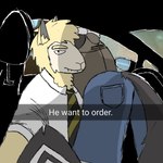 anthro butt car duo eyebrows fangs inside_car inside_vehicle male necktie teeth thick_eyebrows vehicle meko_(artist) he_wants_to_order lammy_(meko) bovid canid canine canis caprine hybrid hyena mammal sheep sheep-wolf wolf 1:1 hi_res meme