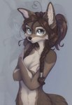 anthro braided_hair breasts brown_hair censored_breasts covering covering_breasts covering_self female fluffy fur glistening glistening_eyes hair inner_ear_fluff looking_at_viewer navel nude small_breasts snout solo tuft white_body white_fur yshanii canid canine canis mammal wolf digital_media_(artwork) hi_res