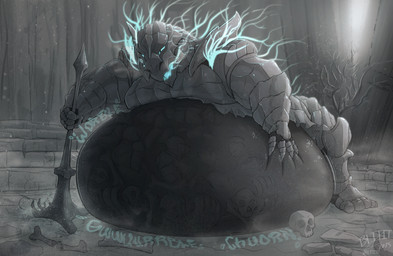 abdominal_bulge armor belly big_belly blue_eyes bone bones_in_stomach digestion face_imprint fatal_vore hand_imprint huge_belly hyper hyper_belly imprint mace male male_pred mass_vore melee_weapon multiple_prey rumbling_stomach vore weapon blitzit dark_souls fromsoftware vordt_of_the_boreal_valley species_request hi_res