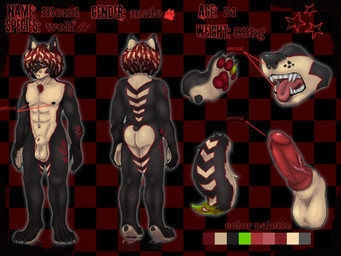 anthro balls big_penis claws curly_hair erection fangs genitals hair half-erect knot looking_at_viewer male musclegut muscular muscular_anthro muscular_male nipples nude penis pubes side_view solo standing teeth text toe_claws ankor_ba mythology blond_(blond_the_werewolf) canid canine canis mammal mythological_canine mythological_creature werecanid werecanine werecreature werewolf wolf 4:3 english_text hi_res model_sheet