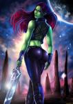 butt female green_body green_skin hair looking_back melee_weapon not_furry purple_eyes purple_hair solo space sword text weapon shadman guardians_of_the_galaxy marvel gamora alien humanoid hi_res url