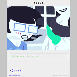 animal_genitalia animal_penis anthro balls bdsm bite black_hair blush blush_lines bodily_fluids breath breathing buckteeth canine_genitalia canine_penis clothed clothing comic_panel crop_top dialogue duo eyewear female foggy_glasses fur genital_fluids genitals glasses green_penis gynomorph gynomorph/female hair intersex intersex/female knot knotted_penis long_hair onesie pajamas panting pantsless partially_clothed penis petplay pointy_ears precum prick_ears puppyplay roleplay shirt short_hair tail tail_motion tailwag teeth text throbbing throbbing_penis topwear white_body white_fur young ashleyorange homestuck ms_paint_adventures jade_harley june_egbert canid canine human humanoid hybrid mammal 1:1 animated animated_comic comic english_text hi_res incest_(lore) sibling_(lore) sister_(lore) sisters_(lore) trans_(lore) trans_woman_(lore)