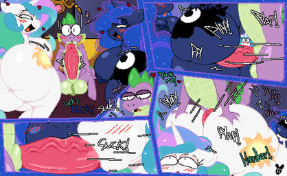 4_panel_comic ambiguous_penetration anthro areola balls bed big_balls big_breasts big_butt big_penis black_eyes blue_text blush blush_lines bodily_fluids breasts butt cum cum_inside dialogue ellipsis exclamation_point eyebrows eyelashes eyeshadow fellatio female furniture genital_fluids genitals green_text group hair heart_symbol horn interspecies looking_at_another makeup male male/female motion_lines mouth_closed nipples on_bed open_mouth open_smile oral oral_penetration penetration penile penile_penetration penis profanity purple_text sex sitting smile sound_effects talking_to_another text tongue tongue_out trio white_sclera white_text luanctoons friendship_is_magic hasbro my_little_pony mythology princess_celestia_(mlp) princess_luna_(mlp) spike_(mlp) dragon equid equine horse mammal mythological_creature mythological_scalie pony scalie 2026 absurd_res comic english_text hi_res