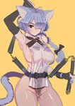 blue_hair braided_hair breasts brown_eyes clothed clothing female hair holding_object holding_weapon melee_weapon nunchaku orange_background side_boob simple_background solo weapon bow_(artist) animal_humanoid cat_humanoid felid felid_humanoid feline feline_humanoid humanoid mammal mammal_humanoid 2020