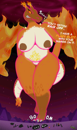 angry anthro anthrofied belly big_tail breasts clenched_teeth countershading curvy_figure detailed_background dialogue dynamax female fire flaming_tail flaming_wings front_view genitals group larger_female macro markings multicolored_body nipples non-mammal_breasts non-mammal_nipples nude onomatopoeia orange_body overweight overweight_female pokemorph size_difference solo_focus sound_effects standing tail teeth text thick_thighs unusual_anatomy unusual_wings voluptuous vulva white_body white_countershading wings snapps nintendo pokemon generation_8_pokemon gigantamax_charizard gigantamax_pokemon pokemon_(species) aliasing digital_media_(artwork) english_text hi_res signature