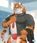 anthro big_muscles biped black_eyes briefs clothing countershade_fur countershading fur looking_at_viewer male muscular muscular_anthro muscular_male necktie orange_body orange_fur red_clothing red_underwear solo standing underwear undressing_self white_body white_countershading white_fur yellow_sclera spamzilla epic_games fortnite oscar_(fortnite) felid mammal pantherine tiger 2023 hi_res