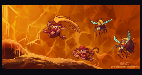4_toes barefoot black_border blonde_hair border bottomless clothed clothing feet female group hair hat headgear headwear long_hair male smile soles spread_toes text toes wings gears2gnomes donkey_kong_(series) nintendo diddy_kong dixie_kong arthropod bee haplorhine hymenopteran insect mammal monkey primate 2018 url