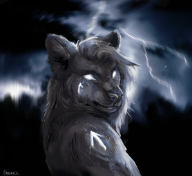 anthro electricity glowing glowing_eyes hair lightning looking_at_viewer runes solo greennie hyena mammal spotted_hyena 2022 absurd_res digital_media_(artwork) digital_painting_(artwork) hi_res painting_(artwork) portrait