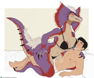 anthro areola big_breasts bra breasts bulge clothed clothing dominant dominant_female duo face_in_breasts female female_anthro female_on_human human_on_anthro interspecies male male/female male_human nipple_slip nipples orange_eyes panties sharp_teeth shirtless_male spiked_tail spikes spikes_(anatomy) tail tan_areola tan_nipples teeth underwear underwear_only quangdoann capcom monster_hunter bird_wyvern great_jaggi human mammal scalie hi_res