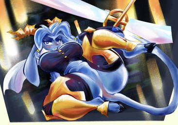 anthro antlers armor asymmetrical_clothing big_breasts blue_eyes blush bottomless breasts button_(fastener) cape clothed clothing dream_breaker_(pseudoregalia) eyelashes featureless_breasts female floppy_ears fur furrowed_eyebrows gloves gold_(metal) gold_jewelry greaves grey_body grey_fur grey_hair hair handwear hooves horn jewelry legwear lop_ears open_mouth slim_anthro slim_female small_waist solo spread_legs spreading tail thick_thighs topwear vest weapon telory_tort pseudoregalia sybil_(pseudoregalia) bovid caprine felid feline goat hybrid jackalope lagomorph leporid mammal rabbit 2026 digital_drawing_(artwork) digital_media_(artwork) hi_res