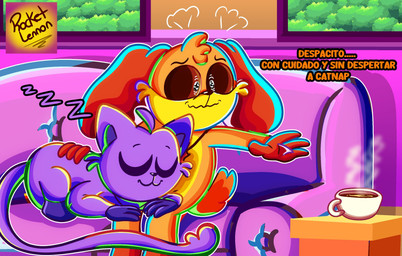 anthro beverage coach coffee coffee_cup container cup duo male orange_body purple_body sleeping smile sound_effects tail text vowelless vowelless_sound_effect zzz rocketlennon mob_entertainment poppy_playtime smiling_critters catnap_(poppy_playtime) dogday_(poppy_playtime) canid canine canis domestic_cat domestic_dog felid feline felis mammal hi_res spanish_text translation_request