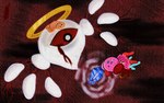 02_(kirby) action_scene ambiguous_gender band-aid bandage blood blue_eyes bodily_fluids demon eyes_closed group halo insect_wings kirby kirby_(series) looking_at_another misael4ever nintendo not_furry red_eyes ribbon_(kirby) scared trio waddling_head weapon wings