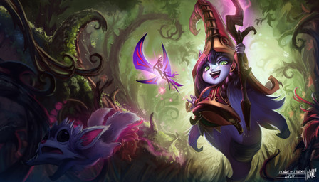 2_tails action_pose ambiguous_gender clothing female feral flying fur green_eyes group hair hat headgear headwear holding_object holding_staff implied_transformation multi_tail open_mouth plant pose purple_body purple_hair red_clothing red_hat red_headwear short size_difference smile staff surprised tail text wings kienan_lafferty league_of_legends riot_games tencent lulu_(lol) pix_(lol) fairy humanoid mammal yordle 2011 digital_media_(artwork) english_text hi_res official_art