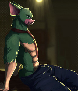 abs anthro bottomwear bulge clothed clothing fangs fur half-closed_eyes male narrowed_eyes necktie nipples pants pecs sitting smile solo teeth topless topless_anthro topless_male oguuxi dispatch sonar_(dispatch) bat mammal absurd_res digital_media_(artwork) hi_res