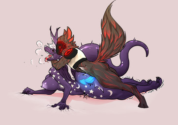 ahegao anthro arm_around_neck big_breasts big_butt black_body bodily_fluids breasts breath butt curling_toes drooling duo feet female fluffy fucked_silly fur genital_fluids genitals glowing glowing_genitalia glowing_penis grabbing_sheets hair huge_breasts larger_female larger_sub long_ears looking_pleasured machine male male/female male_on_top on_top open_mouth panting penis purple_body red_body red_eyes saliva short_hair size_difference smaller_male star_pattern submissive tail thick_tail thick_thighs tongue white_hair x-ray_view kogaart mythology jinu_(slimeyteeth) rookie_(stonehermit) dragon furred_dragon furred_scalie mythological_creature mythological_scalie protogen scalie absurd_res hi_res