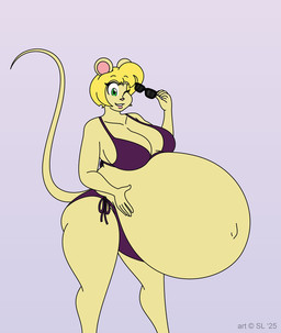anthro belly big_belly big_breasts bikini bikini_bottom bikini_top blonde_hair bottomwear breasts clothing copyright_symbol eyewear female green_eyes hair hand_on_belly huge_belly hyper hyper_belly hyper_pregnancy looking_at_viewer one_eye_closed pregnant pregnant_anthro pregnant_female solo sunglasses swimwear symbol thick_thighs topwear two-piece_swimsuit wink winking_at_viewer satsumalord tanya_(satsumalord) mammal mouse murid murine rodent 2025 digital_media_(artwork) hi_res