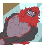 anthro bed belly fur furniture grey_body grey_fur lying male mane muscular muscular_male on_back pecs red_eyes red_mane smile solo firezol rike_(troy300) felid lion mammal pantherine 1:1 hi_res