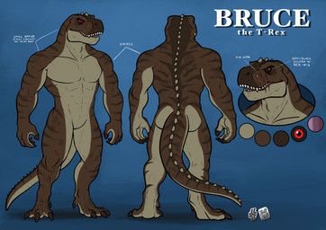 abs anthro black_sclera blue_background brown_body brown_tail fangs featureless_crotch front_view glistening glistening_eyes male male_anthro markings muscular muscular_anthro muscular_male nude open_mouth pecs red_eyes simple_background solo standing striped_arms striped_legs striped_markings striped_neck striped_tail stripes tail tail_markings teeth text hufnaar bruce_(fenrir_garou) dinosaur prehistoric_species reptile scalie english_text hi_res model_sheet
