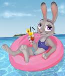 3_toes 4_fingers alcohol anthro bendy_straw beverage cherry clothing detailed_food dipstick_ears drinking_straw ear_markings eyelashes feet female fingers food fruit fur grey_body grey_fur half-closed_eyes holding_glass holding_object inflatable inner_tube island lemon looking_at_viewer multicolored_ears narrowed_eyes open_mouth open_smile outside pink_nose plant purple_eyes smile solo swimwear tankini toes tropical two-piece_swimsuit water specky-arts disney zootopia judy_hopps lagomorph leporid mammal rabbit 2016 detailed digital_drawing_(artwork) digital_media_(artwork) hi_res signature