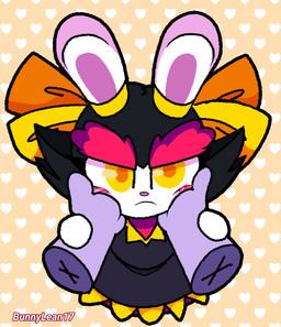 ambiguous_gender anthro black_clothing black_dress black_hair blush closed_frown clothed clothed_anthro clothed_female clothing disembodied_hand dress duo ear_ribbon eyebrows female female_anthro frown frowning_at_viewer fur furrowed_brow furrowed_eyebrows hair heart_background holding_face long_ears looking_at_viewer mitten_hands mouth_closed orange_pupils pattern_background pupils purple_body purple_inner_ear purple_nose purple_skin red_clothing red_eyebrows red_shirt red_topwear shirt short_hair simple_background solo_focus text thick_eyebrows topwear white_body white_fur yellow_eyes yellow_ribbon bunnylean17 mario_plus_rabbids_sparks_of_hope nintendo raving_rabbids rayman_(series) ubisoft kanya_(mario_plus_rabbids) lagomorph mammal rabbid 2023 artist_name colored digital_drawing_(artwork) digital_media_(artwork) hi_res ibispaint_(artwork) shaded