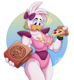 abstract_background accessory anthro beak big_breasts blue_eyes bodypaint bow_ribbon box breasts cleavage clothed clothing container curvy_figure ear_piercing ear_ring eating eating_food eyeshadow face_paint female fingerless_gloves food gloves green_clothing green_gloves green_handwear hair hair_accessory hair_bow hair_ribbon handwear hourglass_figure leotard lipstick machine makeup piercing pink_clothing pink_eyeshadow pink_leotard pink_lipstick pizza pizza_box pizza_slice ribbons ring_piercing segmented_arms segmented_body shoulder_pads small_waist solo text thick_thighs voluptuous voluptuous_anthro voluptuous_female white_body white_hair wide_hipped_anthro wide_hipped_female wide_hips mandyfoxy five_nights_at_freddy's five_nights_at_freddy's:_security_breach scottgames steel_wool_studios glamrock_chica animatronic avian bird chicken galliform phasianid robot 2026 absurd_res artist_name digital_drawing_(artwork) digital_media_(artwork) hi_res signature