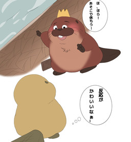 anthro blush brown_body crown dialogue duo headgear king open_mouth royalty simple_background slightly_chubby text water sushikorourcon disney hoppers_(disney) pixar king_george_(hoppers) loaf_(hoppers) beaver mammal rodent 2026 hi_res japanese_text