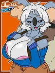 anthro areola big_breasts blue_body blue_fur bottomwear breasts cleavage clothed clothing eyes_closed female fur hair huge_breasts open_mouth pants pink_areola solo tongue topwear zipper jyto nintendo pokemon mol_(jyto) generation_7_pokemon komala mammal marsupial pokemon_(species) 2022 3:4 hi_res