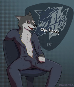 anthro clothing erection erection_under_clothing jumpsuit looking_at_viewer male relaxing sitting smile solo text ravalska rusty_(armored_core) canid mammal hi_res