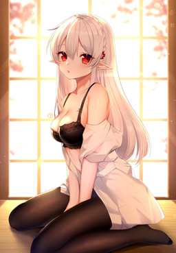 bra braided_hair clothing female hair humanoid_pointy_ears kneeling legwear not_furry open_mouth pantyhose pointy_ears red_eyes solo underwear white_hair window bencao_gangmu arknights hypergryph studio_montagne warfarin_(arknights) humanoid vampire 2020 digital_media_(artwork) hi_res