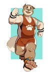 anthro belly black_claws black_nose blush claws clothing fur looking_at_viewer male pawpads running smile smiling_at_viewer solo stocky tan_body tan_fur tight_clothing wrestling_outfit wrestling_singlet enokorogusa2 canid canine canis domestic_dog mammal 2023 absurd_res hi_res