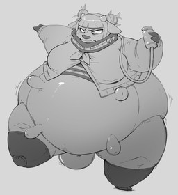 2_horns after_transformation alternative_fashion anthro big_teats blush blush_lines bottomless breasts breasts_and_teats button_(fastener) cardigan clothed clothing cloven_hooves embarrassed fangs fat_arms female fingers footwear grey_background hair hair_bun holding_object hoof_hands hooved_fingers hooves horn kerchief looking_at_self looking_down looking_down_at_self love_handles machine milking_machine narrowed_eyes neckerchief neckwear obese obese_anthro obese_female on_one_leg open_mouth overweight overweight_anthro overweight_female pokemorph shirt simple_background socks species_transformation standing straining_buttons tail teats teeth topwear transformation udders subakitsu my_hero_academia nintendo pokemon toga_himiko bovid bovine generation_2_pokemon mammal miltank pokemon_(species) 2020 digital_drawing_(artwork) digital_media_(artwork) full-length_portrait greyscale monochrome portrait