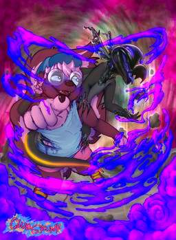 ambiguous_gender blurred_background claws clothing crazed_expression eyewear footwear gesture glasses hand_gesture interspecies male pointing pointing_at_viewer poison pokephilia riding_on_shoulder role_reversal scratches shoes smoke sneakers torn_clothing clubskunk nintendo pokemon cass_(clubskunk) lepki generation_7_pokemon mammal mephitid pokemon_(species) salandit skunk hi_res