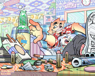 alcohol aloha_shirt anthro beer beer_bottle beverage bodily_fluids bottle bubble bullet cheek_spots cigarette cigarette_box cigarette_in_mouth clothing container cuddling duo floppy_ears fur gun handgun humor lighter male object_in_mouth open_mouth pattern_clothing pattern_shirt pattern_topwear poker_chip ranged_weapon revolver shirt sleeping smoking_tobacco snot snot_bubble topwear weapon white_body white_fur wide_eyed yellow_body yellow_fur rawdawgcomics bingus_(rawdawgcomics) stahli_(rawdawgcomics) bird_dog canid canine canis domestic_dog golden_retriever hunting_dog lagomorph leporid mammal rabbit retriever 5:4 hi_res
