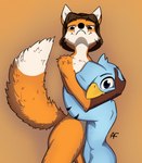 anna_fox anna_fox_(artist) anthro beak blue_body blue_feathers duo feathers female female/female fluffy hug looking_at_viewer nude pipi_(annafox) simple_background size_difference smug avian canid canine fox mammal red_fox true_fox