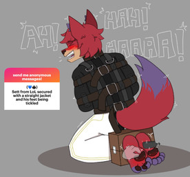 anthro bdsm blush bondage bound clothing feet fur male pawpads paws restraints simple_background soles solo stocks straitjacket tail text tickle_torture tickling tickling_feet toes mrpawpaw league_of_legends ngl riot_games tencent sett_(lol) mammal digital_media_(artwork) english_text hi_res
