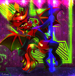 clothing corset cutie_mark dancing ear_tuft femboy genitals horn inner_ear_fluff lingerie male nude penis pole pole_dancing semi-anthro solo topwear tuft caliluminos hasbro my_little_pony mythology bat bat_pony equid equine horse mammal mythological_creature mythological_equine pony unicorn absurd_res hi_res